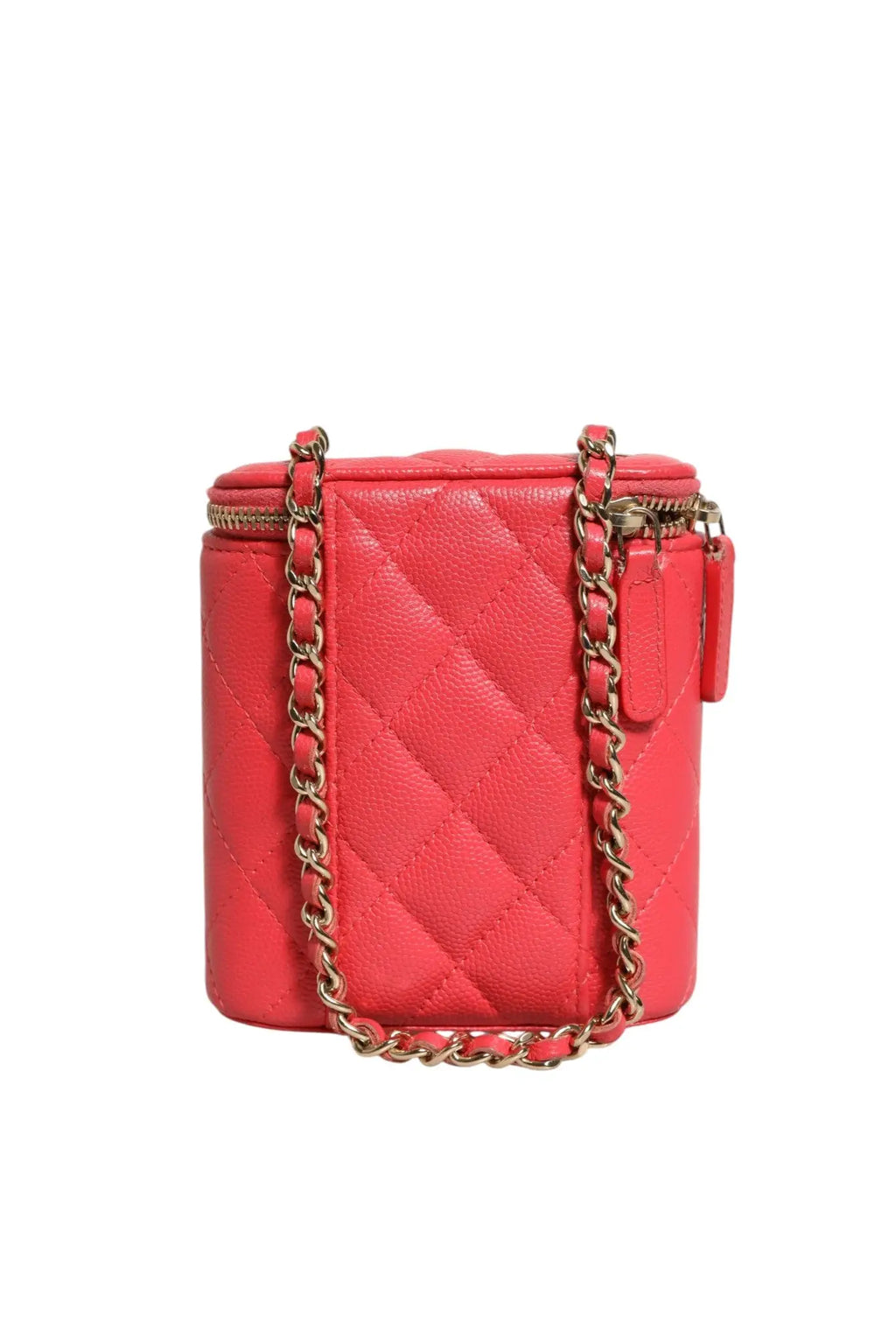 Chanel vanity case rouges en cuir caviar matelassé avec chaînes dorées pour un usage élégant