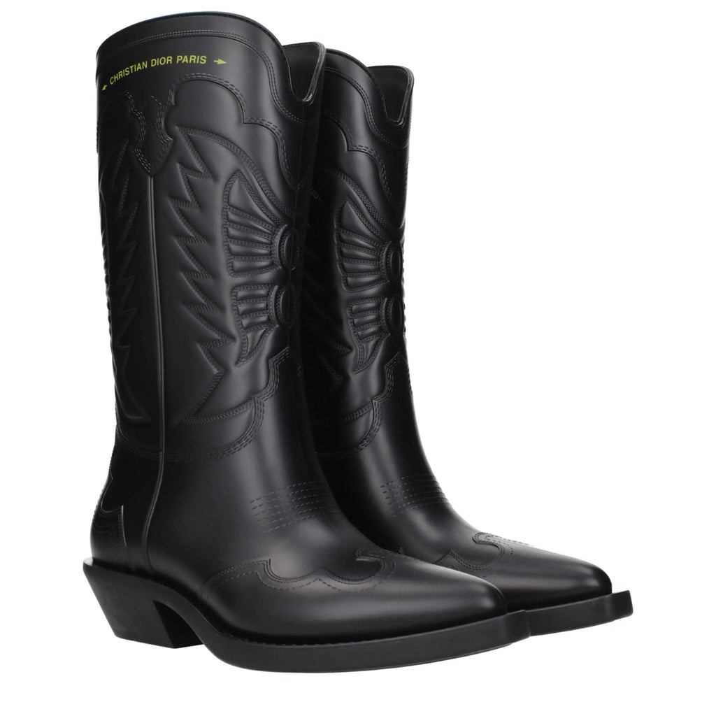 Bottes christian dior noires en cuir avec détails d ailes embossées et bout carré style cowboy