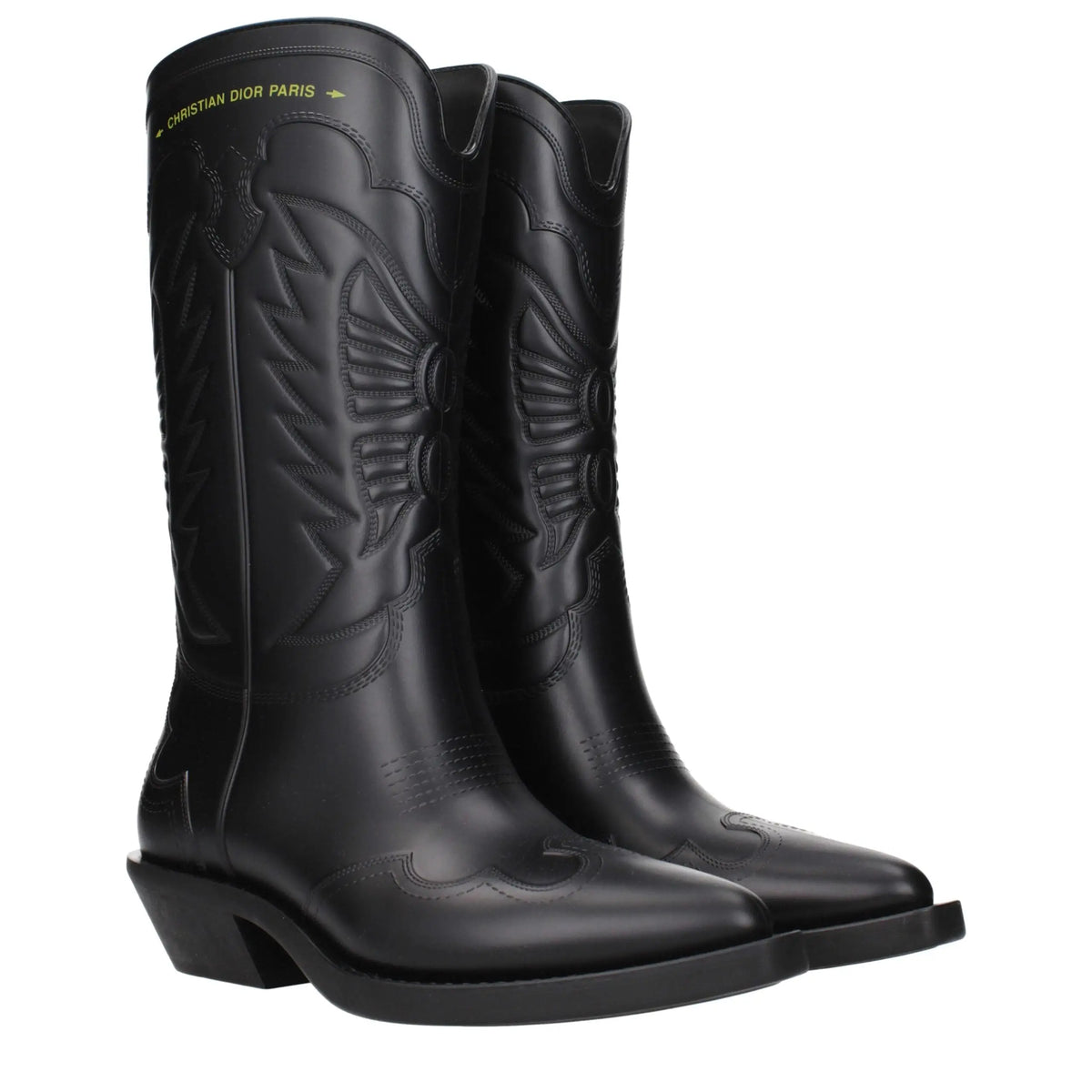 Bottes christian dior noires en cuir avec détails d ailes embossées et bout carré style cowboy