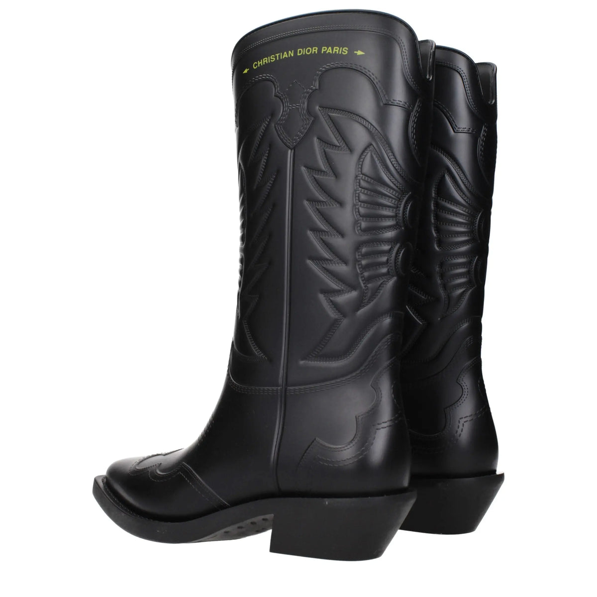 Bottes christian dior noires en coton à effet cuir brillant avec motifs ailés embossés style cowboy