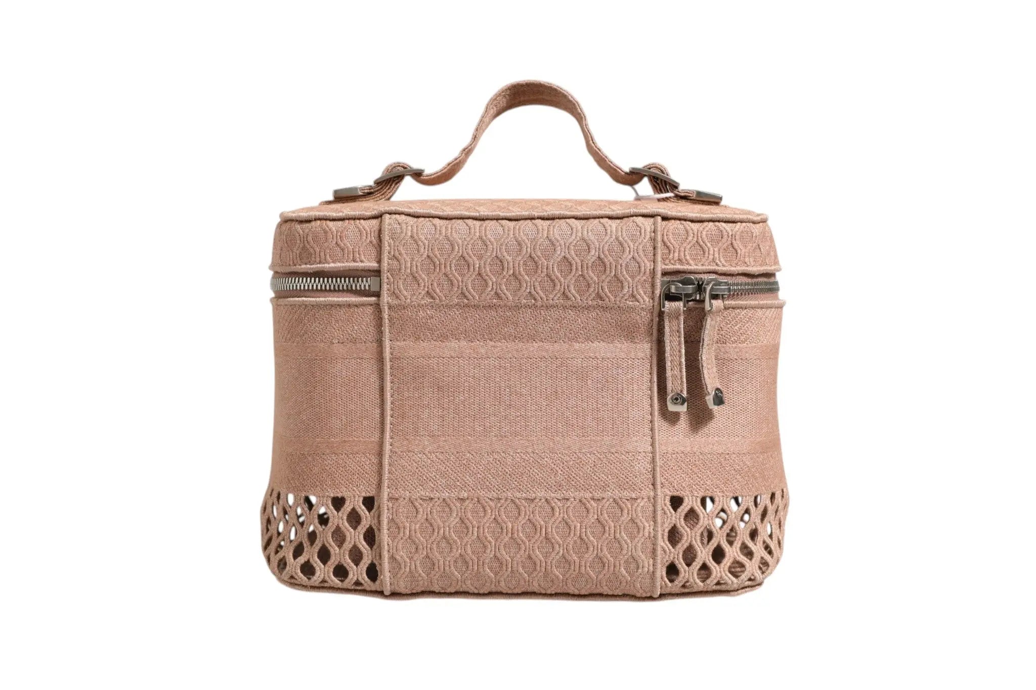 Beige textured fabric christian dior mesh embroidered dior travel vanity case with woven pattern and perforated panels