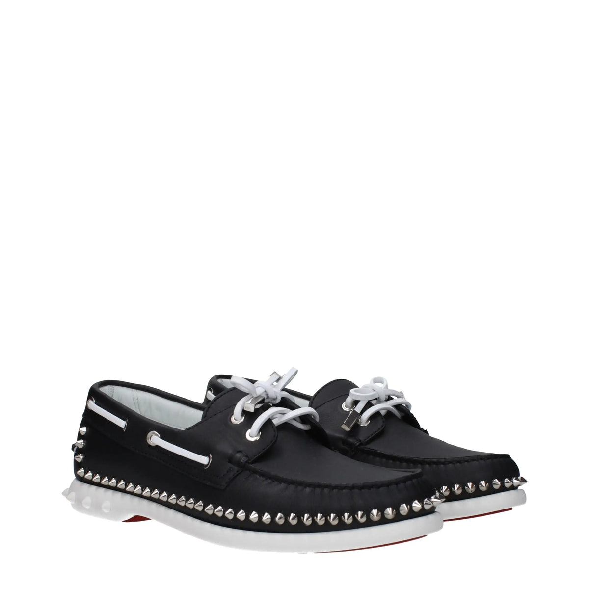 Christian louboutin black leather slip-on loafers with silver studs along edges and white laces