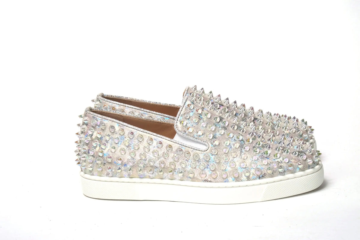 Christian Louboutin white ab clear ab roller boat woman flat sneaker argent irisé à enfiler avec pointes métalliques