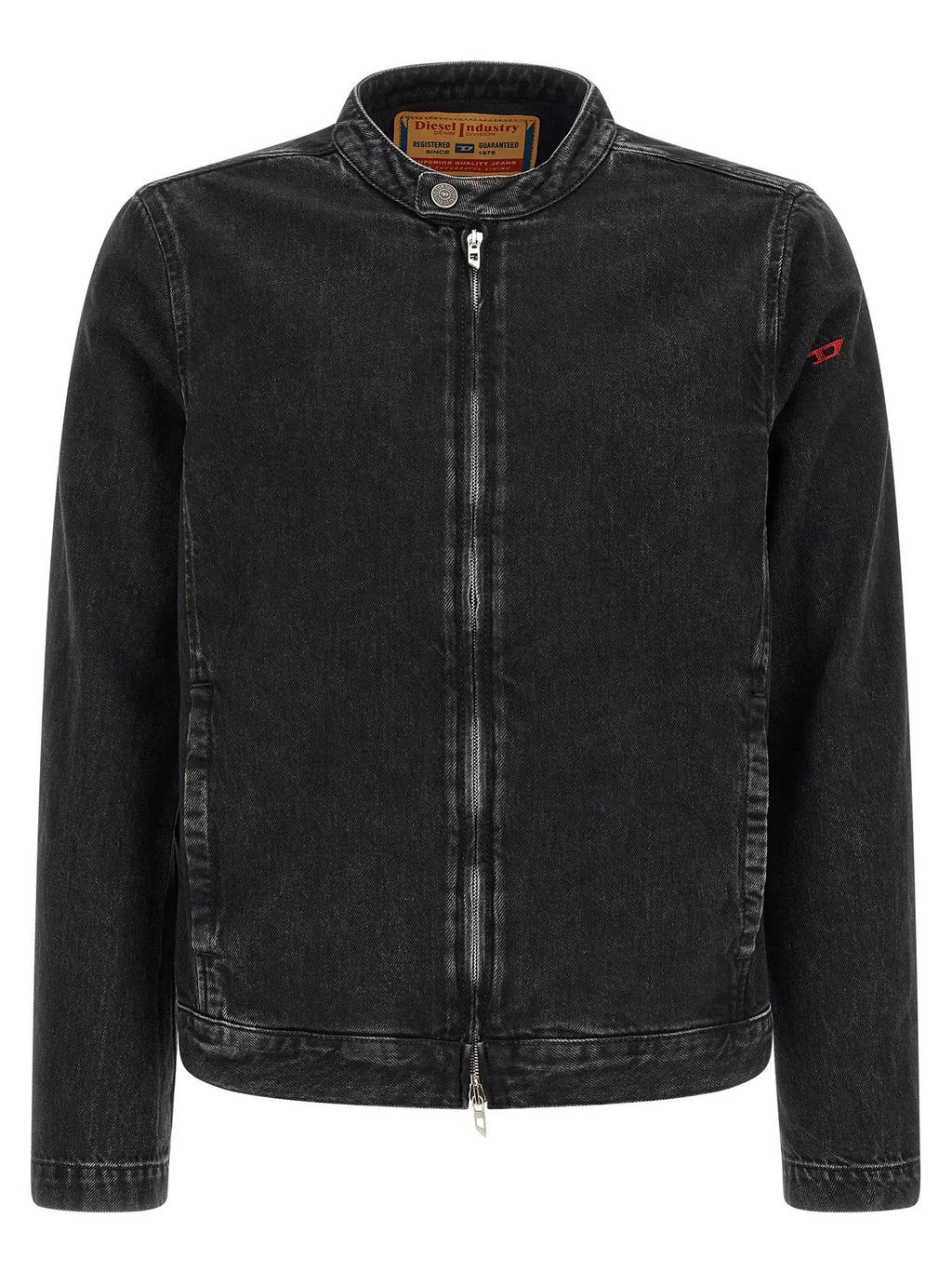 Veste en denim noir diesel en coton avec texture légèrement délavée et logo brodé rouge sur la manche