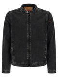 Veste en denim noir diesel en coton avec texture légèrement délavée et logo brodé rouge sur la manche