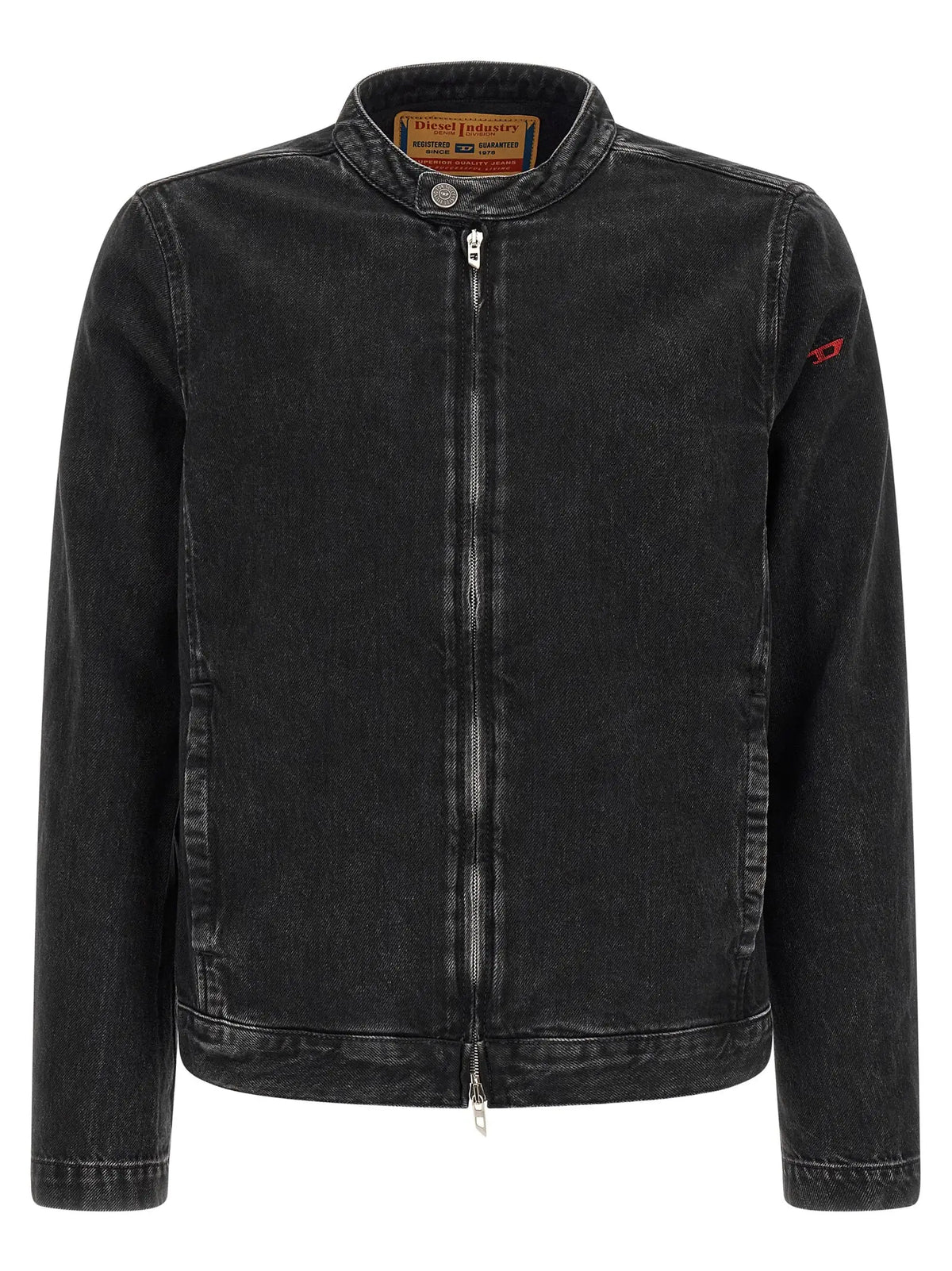 Veste en denim noir diesel en coton avec texture légèrement délavée et logo brodé rouge sur la manche
