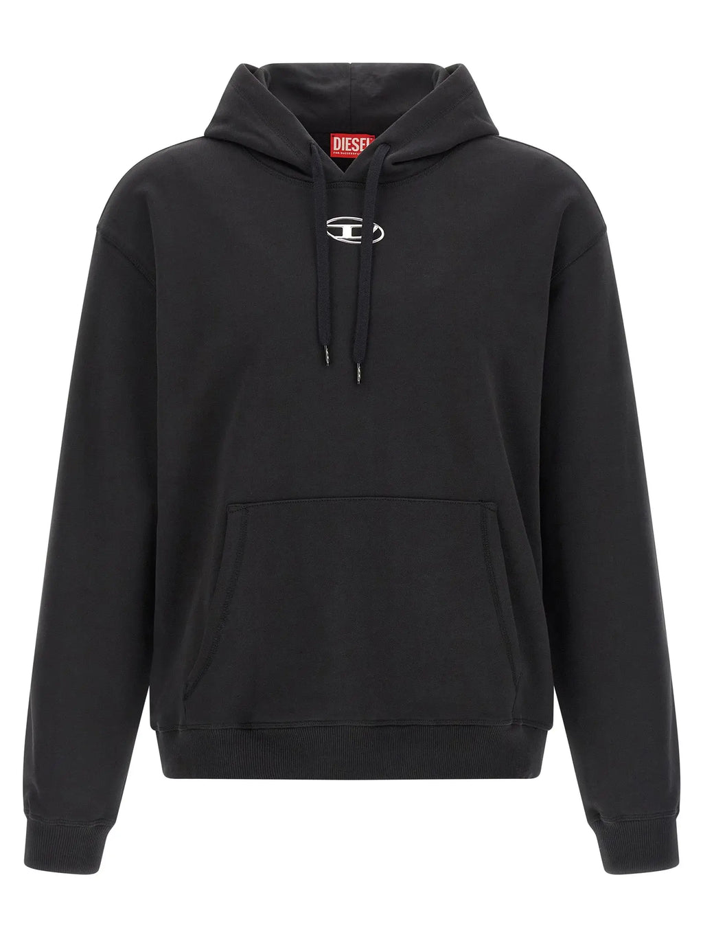 Sweatshirt diesel noir en coton avec logo blanc sur la poitrine et étiquette rouge à l’intérieur du col