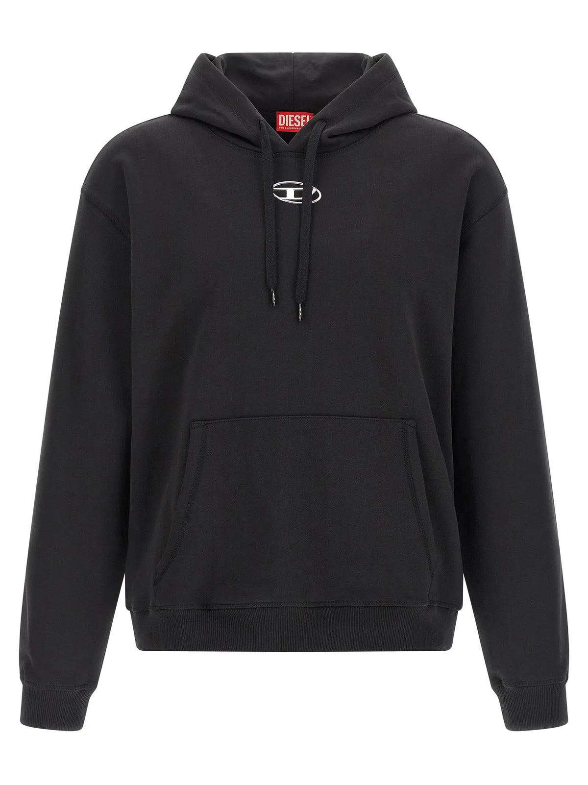 Sweatshirt diesel noir en coton avec logo blanc sur la poitrine et étiquette rouge à l’intérieur du col
