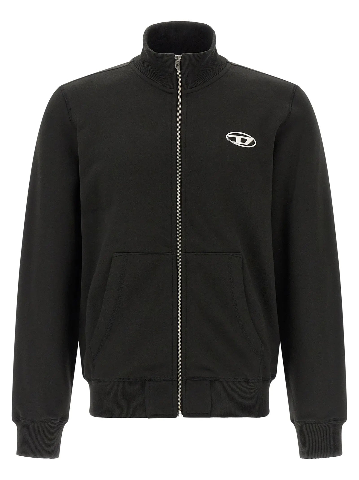 Sweatshirt diesel en coton noir avec fermeture éclair, logo blanc brodé sur la poitrine et poignets côtelés