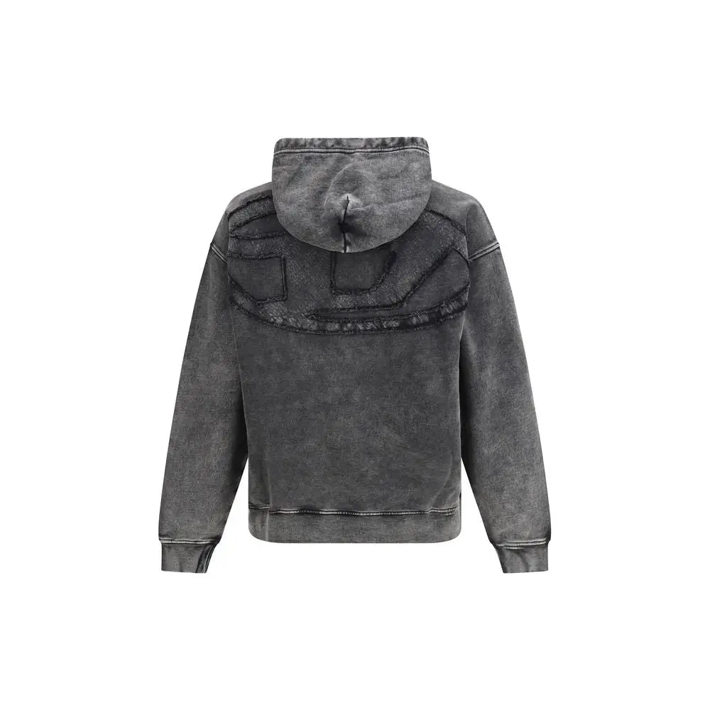 Sweatshirt diesel noir en coton vue de dos avec capuche gris foncé délavé et broderie géométrique audacieuse