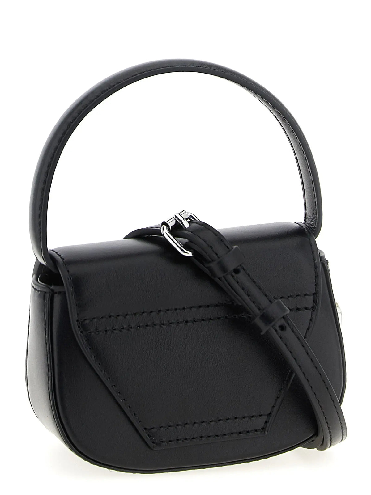 Sac à main diesel en cuir noir avec poignée incurvée et bandoulière réglable en cuir de vachette