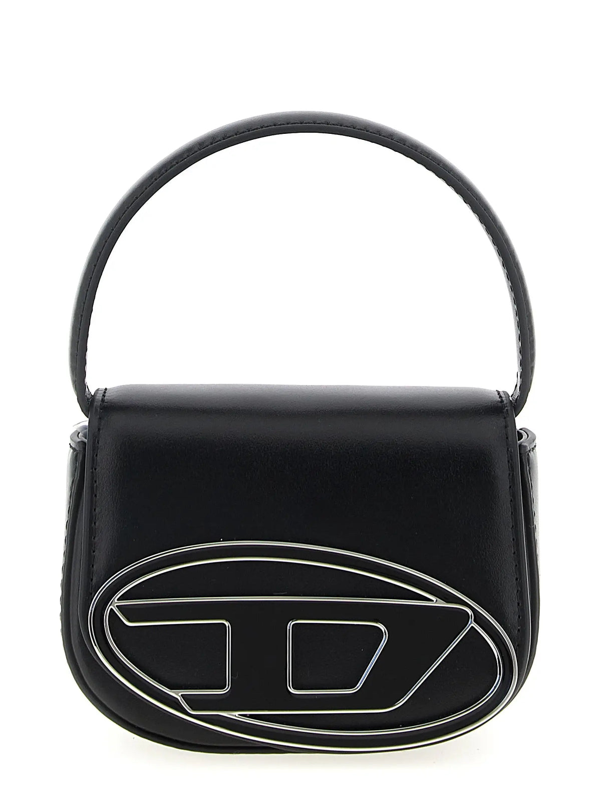 Sac à main diesel en cuir noir avec logo argenté et poignée arrondie en cuir bovin noir