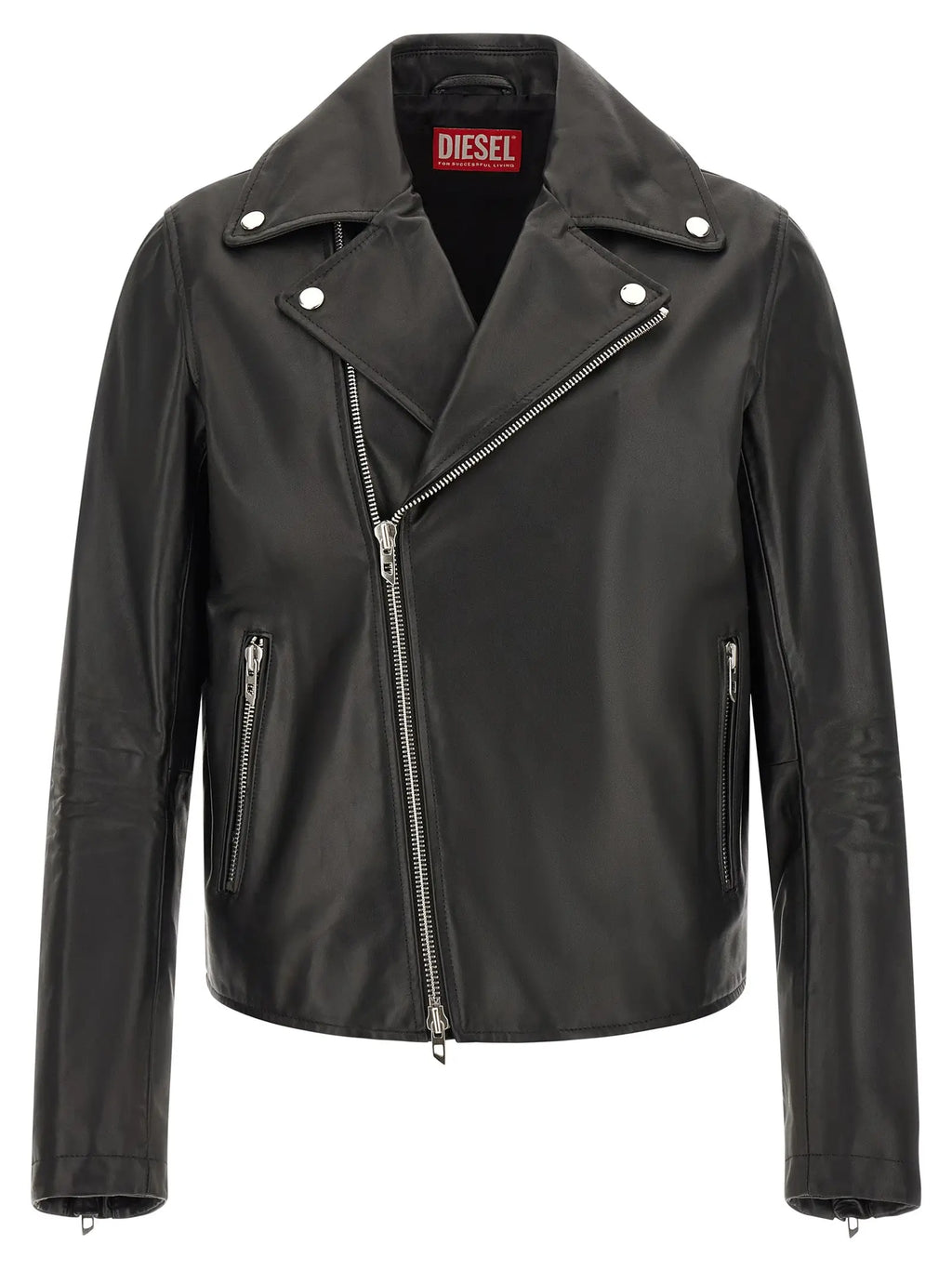 Veste en cuir de vache diesel noire avec col classique, poches avant, fermetures éclair et boutons-pression argentés