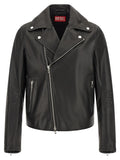 Veste en cuir de vache diesel noire avec col classique, poches avant, fermetures éclair et boutons-pression argentés