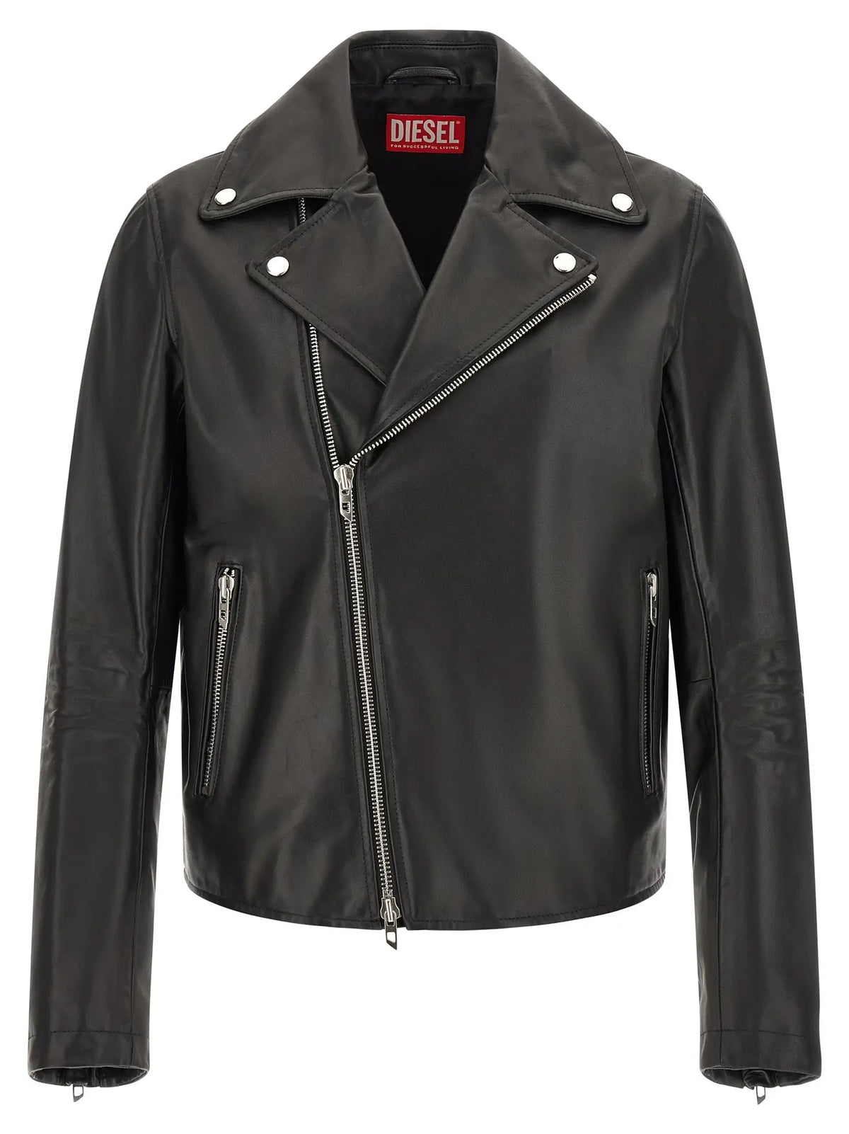 Veste en cuir de vache diesel noire avec col classique, poches avant, fermetures éclair et boutons-pression argentés