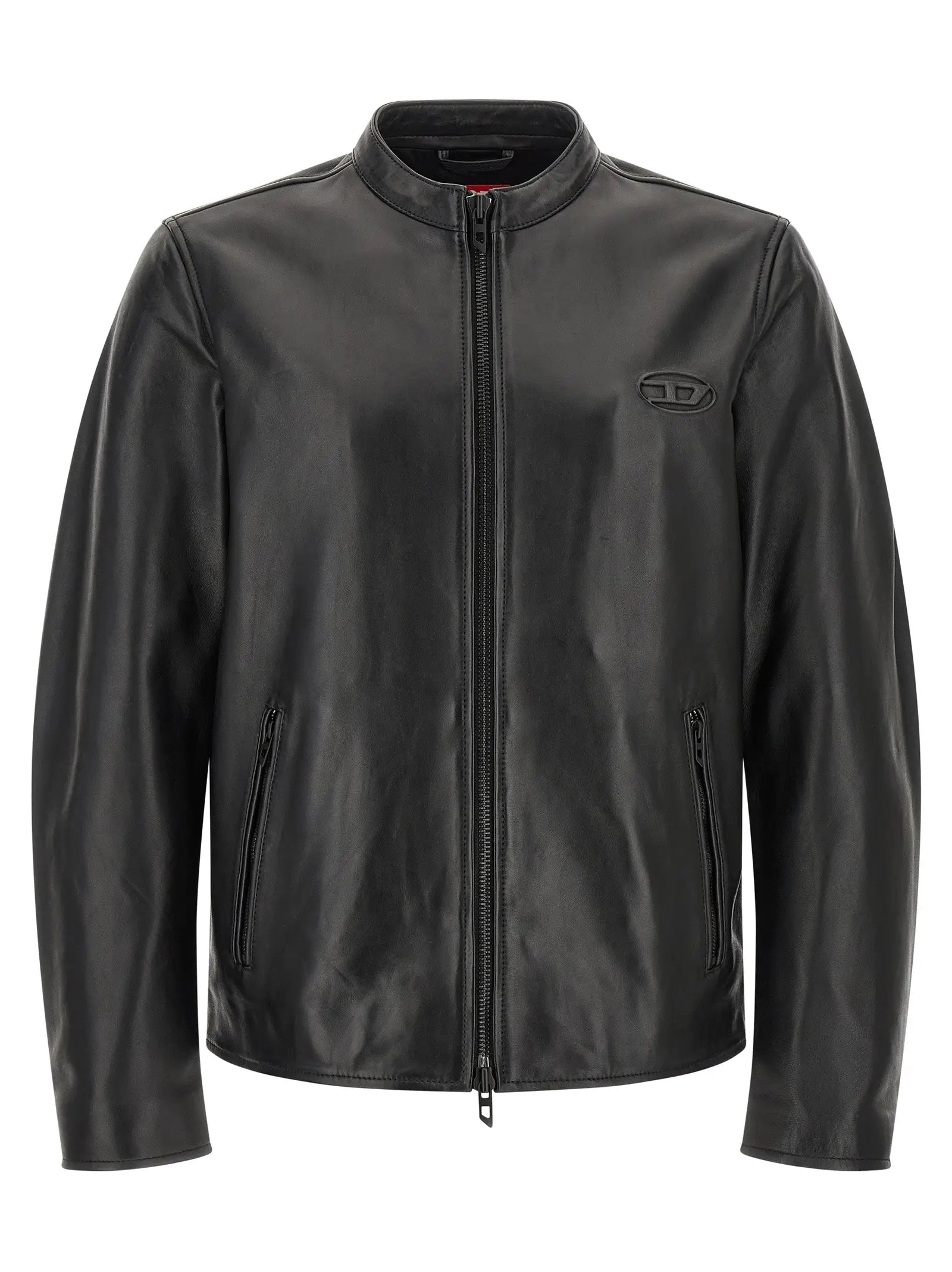 Veste en cuir diesel black lamb noire avec logo embossé subtil sur le côté gauche de la poitrine