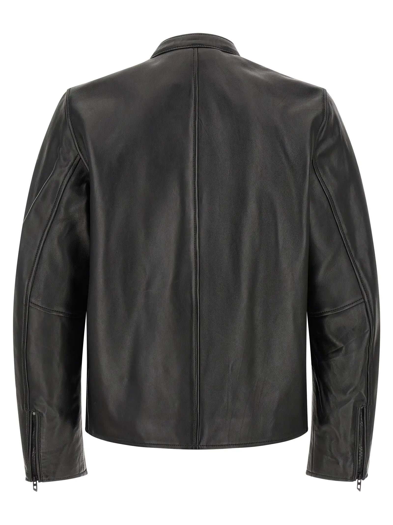 Veste en cuir noire diesel black lamb avec poignets zippés et couture centrale, parfaite pour la moto