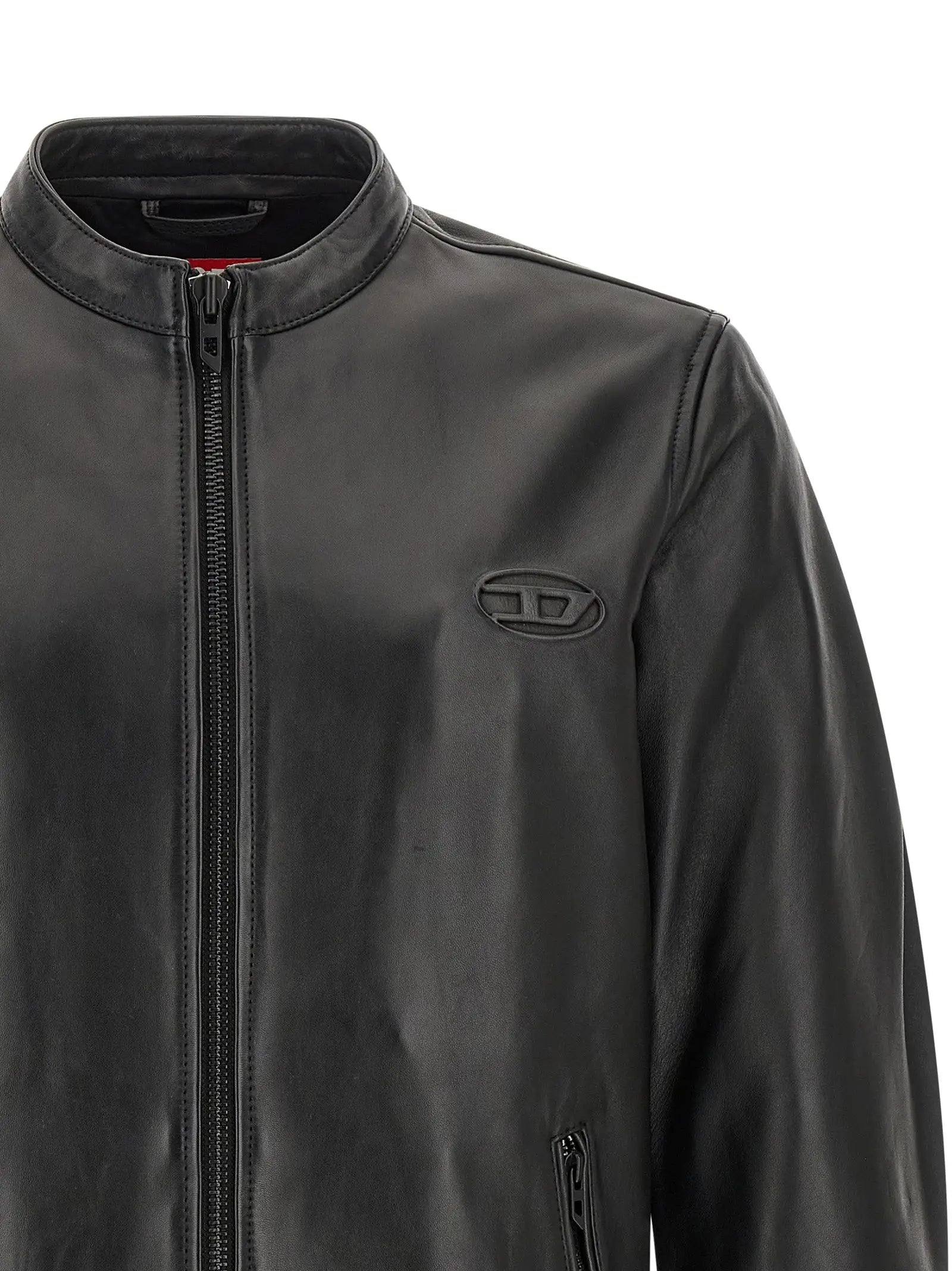Veste en cuir noire diesel black lamb avec logo discret embossé sur la poitrine