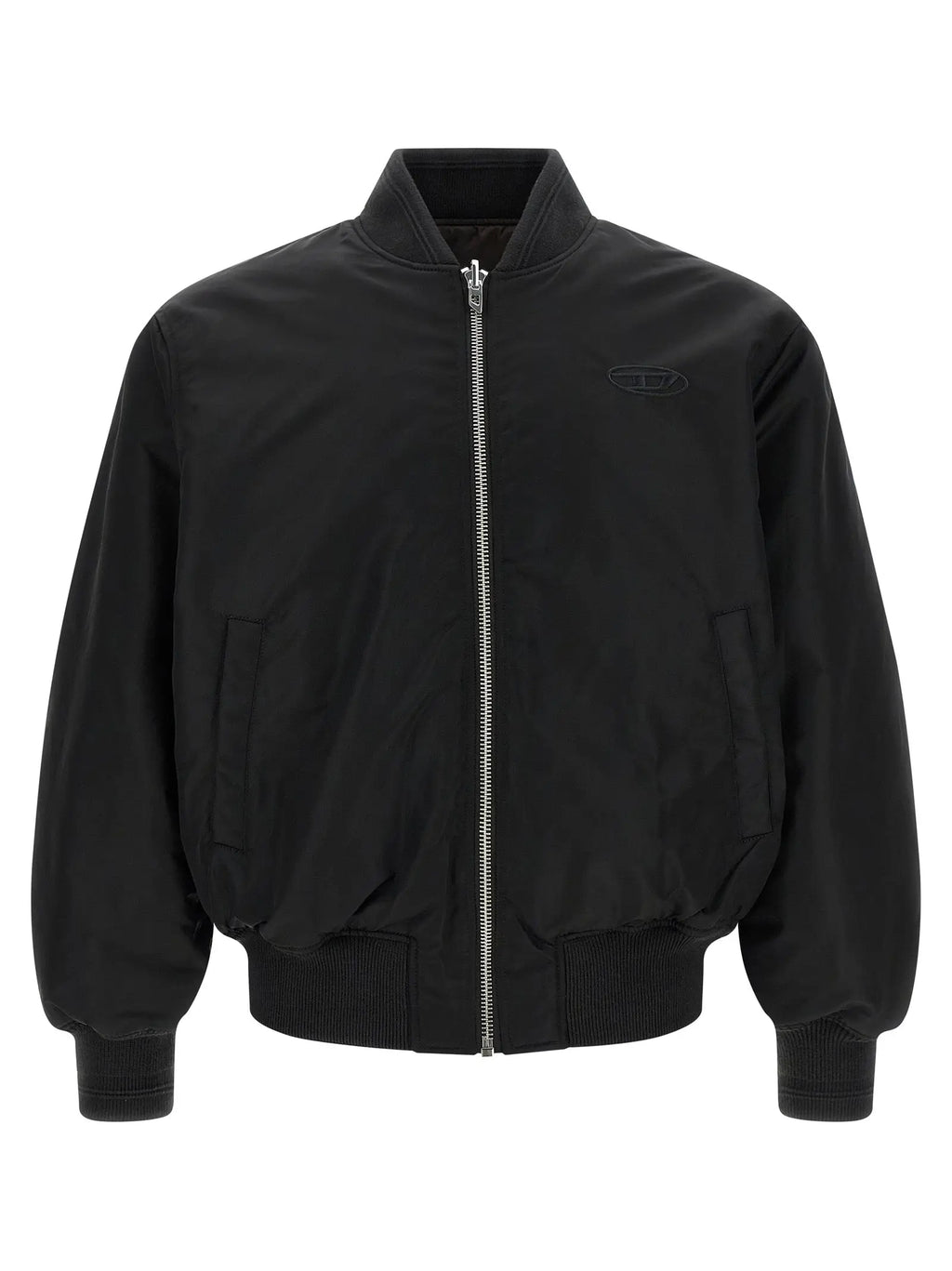 Veste bomber diesel noire en polyamide avec fermeture éclair argentée et logo brodé discret sur la poitrine gauche