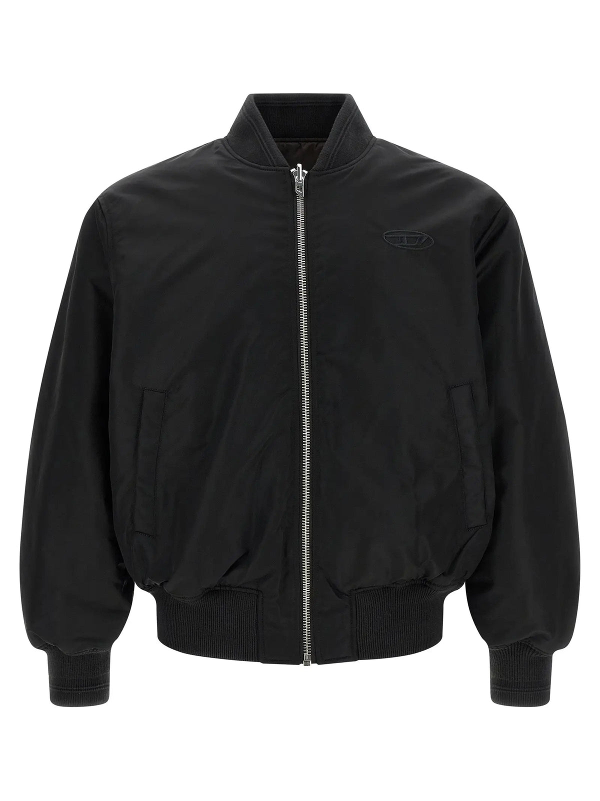 Veste bomber diesel noire en polyamide avec fermeture éclair argentée et logo brodé discret sur la poitrine gauche