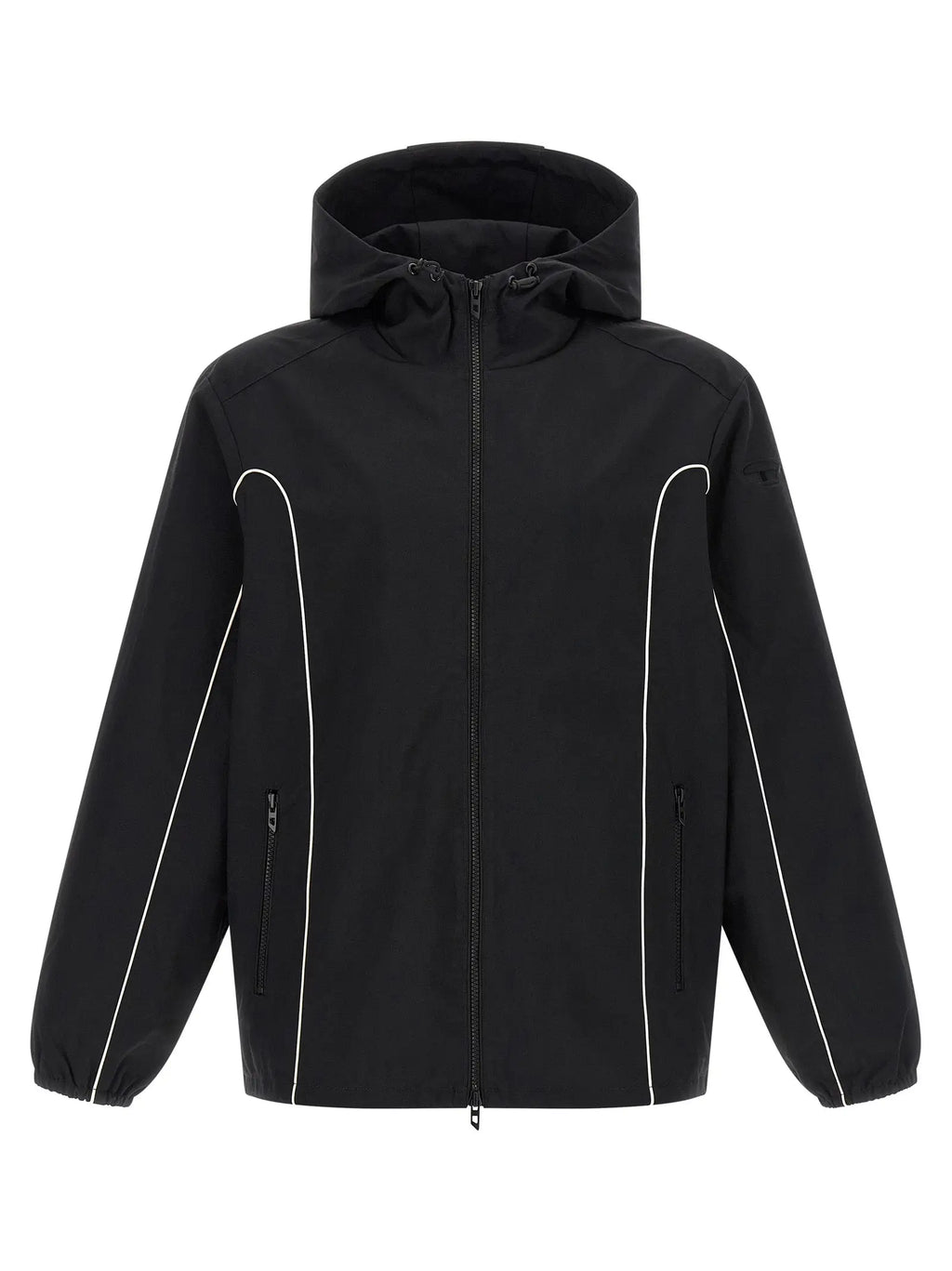 Veste diesel noire en coque polyamide avec capuche et piping blanc sur les manches et les coutures latérales