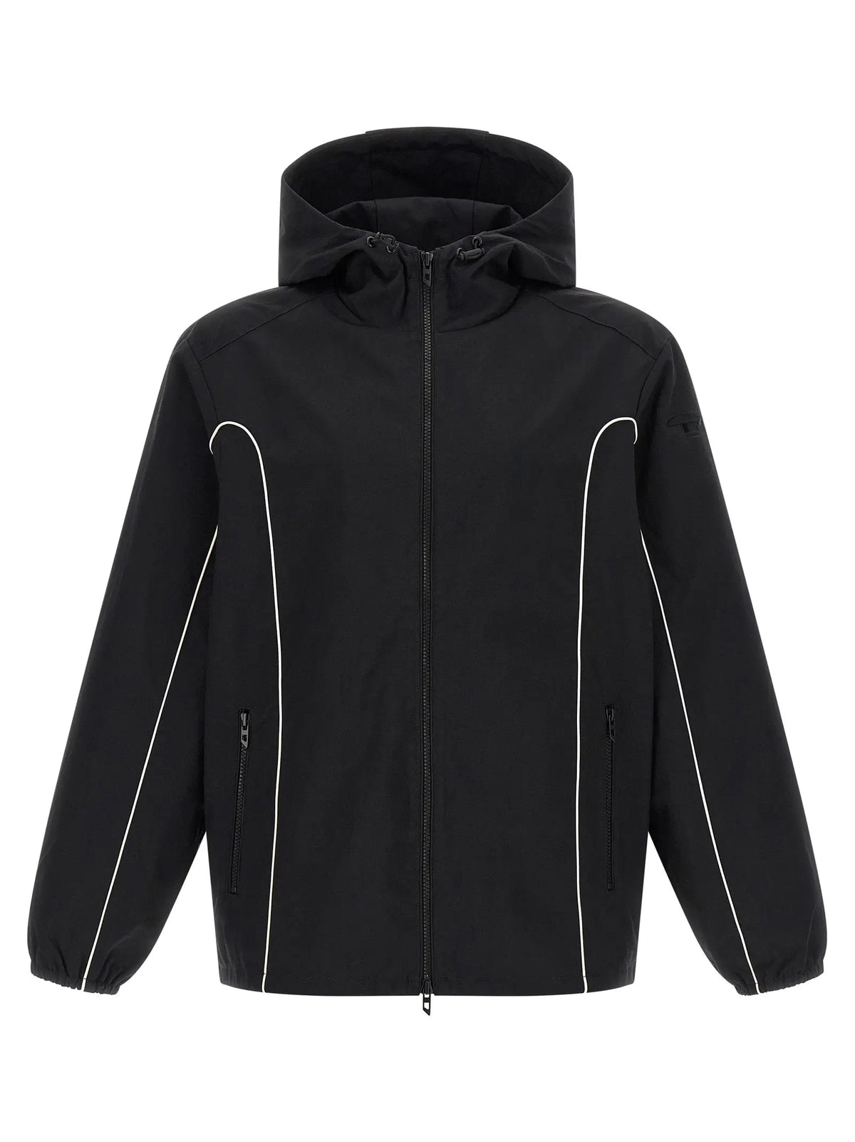 Veste diesel noire en coque polyamide avec capuche et piping blanc sur les manches et les coutures latérales
