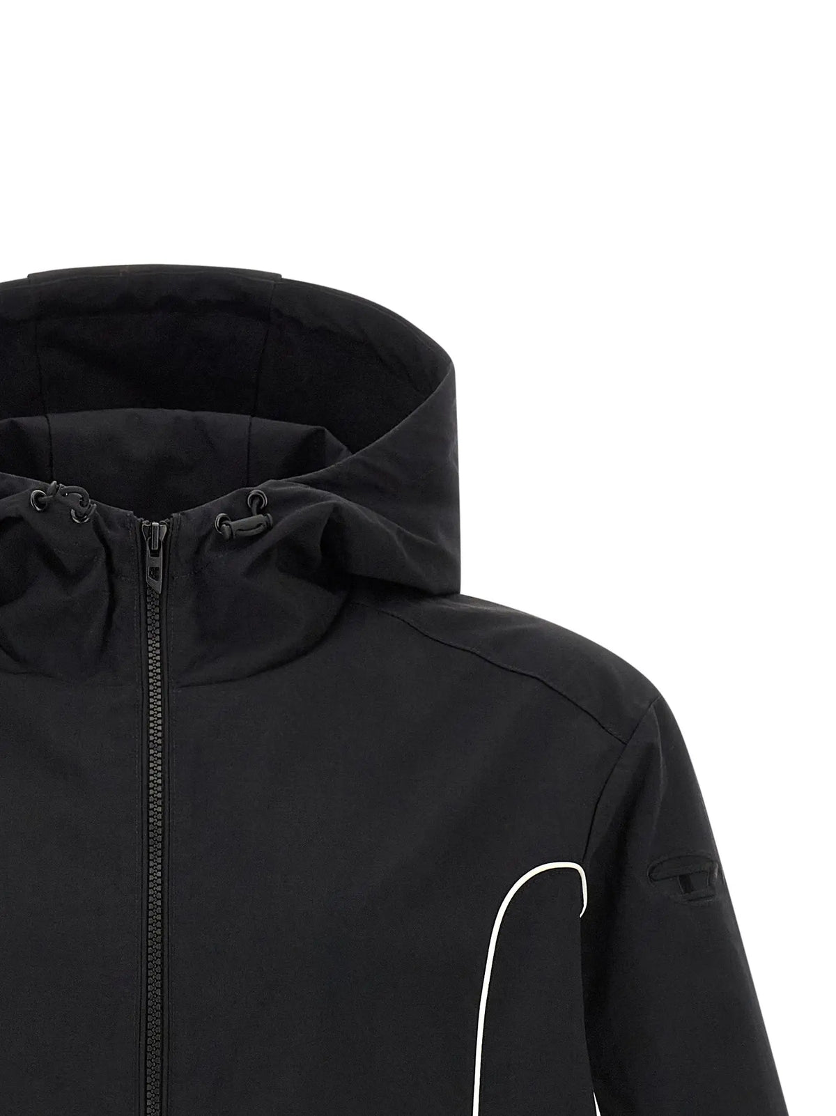 Veste noire diesel en polyamide avec capuche, design moderne, zip intégral et piping blanc subtil sur l’épaule