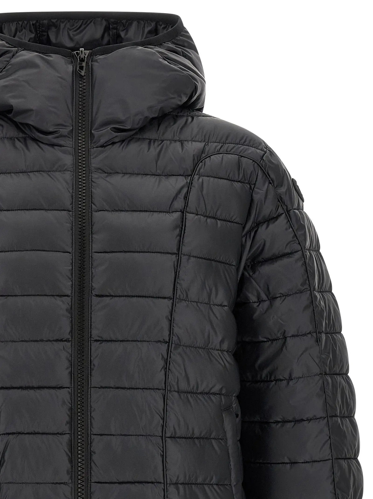 Veste longue noire diesel en polyester matelassé avec capuche et fermeture éclair centrale