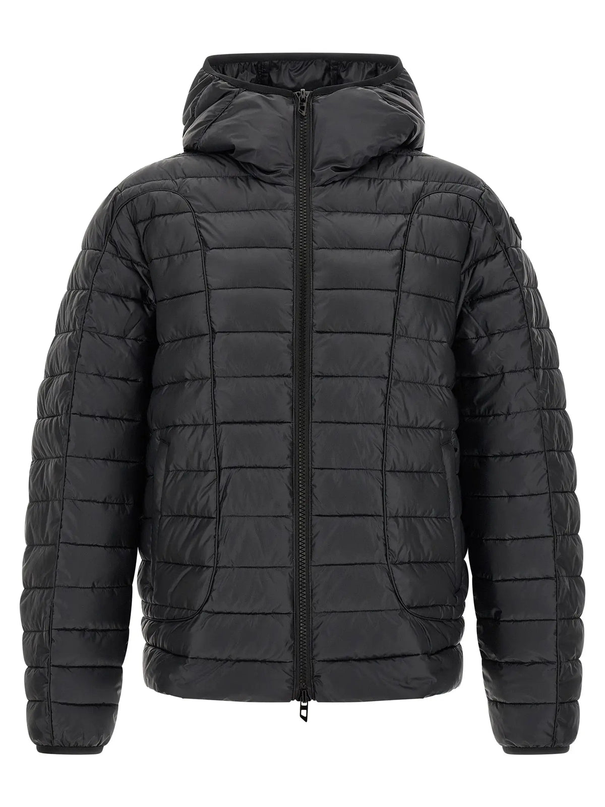 Veste longue diesel noire en polyester avec capuche matelassée et fermeture éclair centrale à lavant