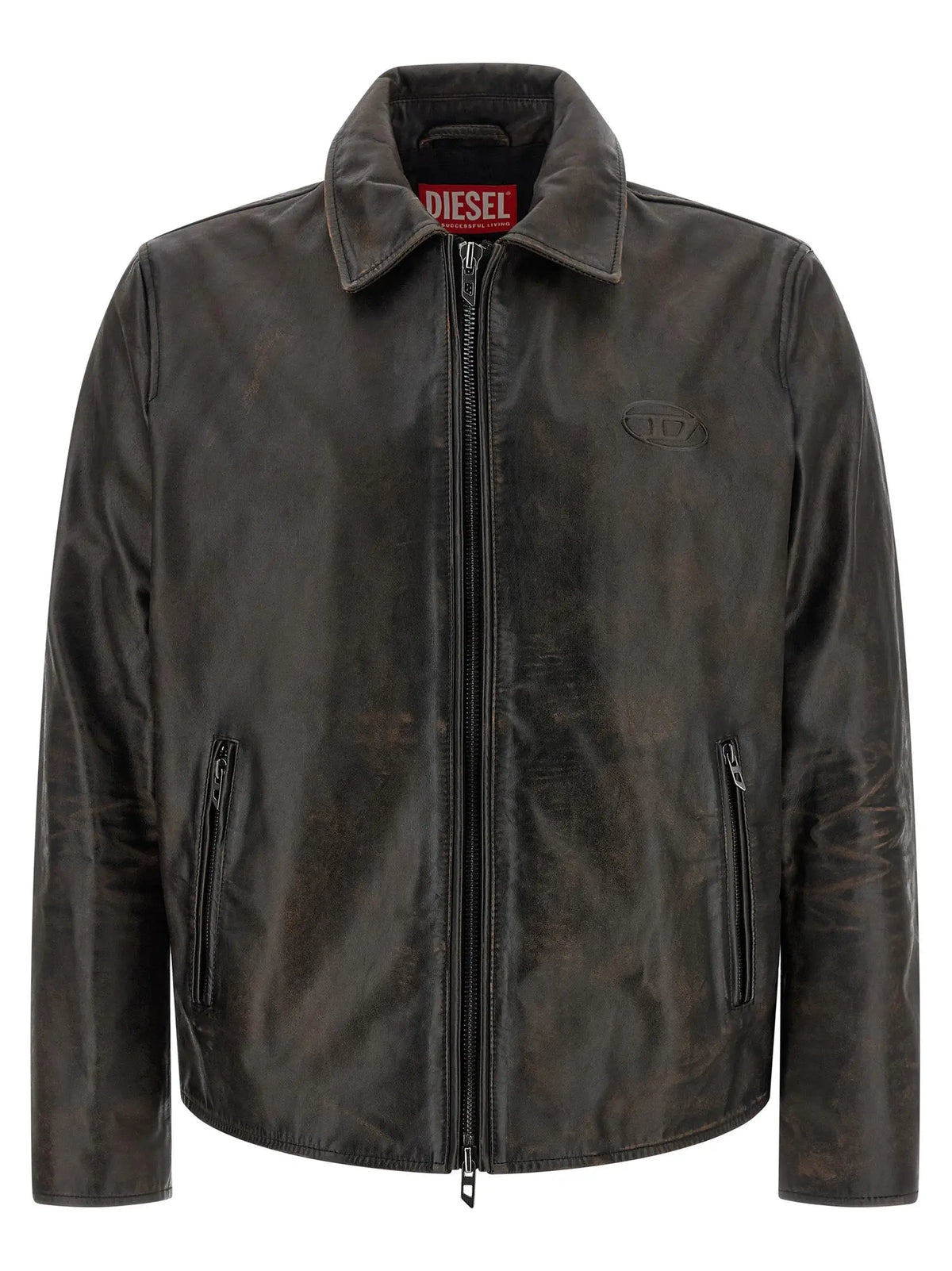 Veste en cuir de vachette diesel marron foncé avec logo embossé et étiquette rouge à l intérieur du col