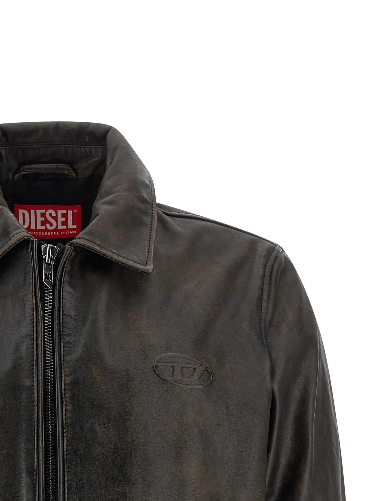 Veste en cuir marron diesel en cuir de vachette avec cuir vieilli gris foncé et logo embossé subtil sur la poitrine