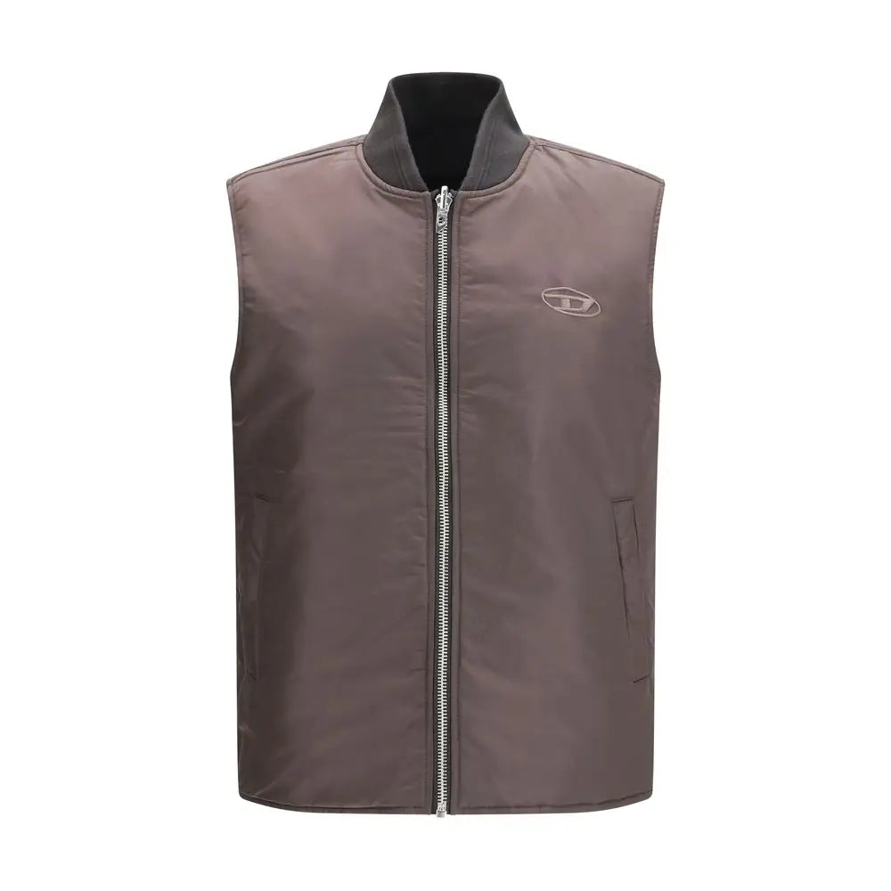 Un gilet sans manches diesel brun en polyamide avec col noir et fermeture éclair argentée élégant et fonctionnel