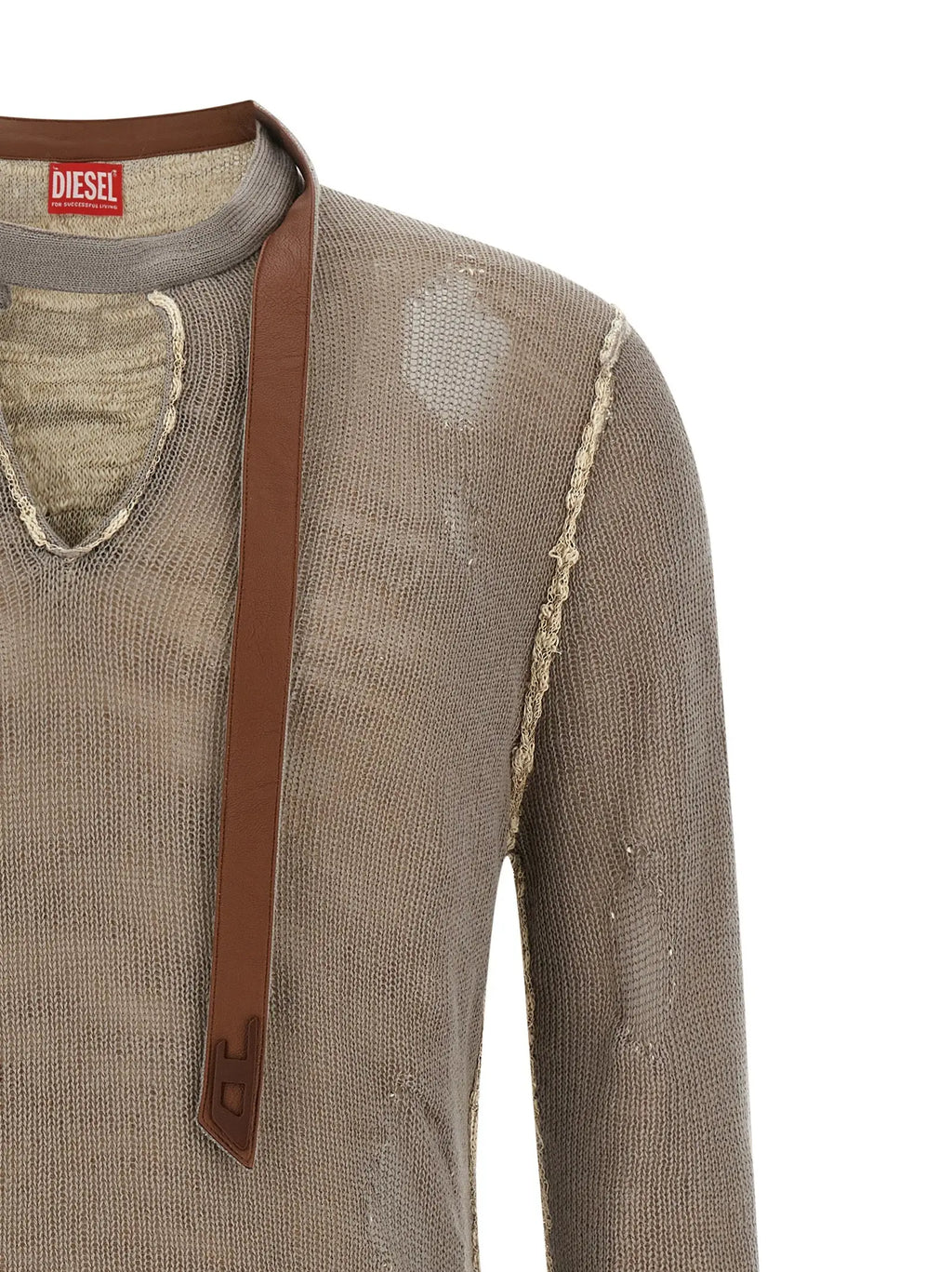 Cardigan diesel gris en coton avec détail en cuir marron et étiquette diesel au col en maille délavée
