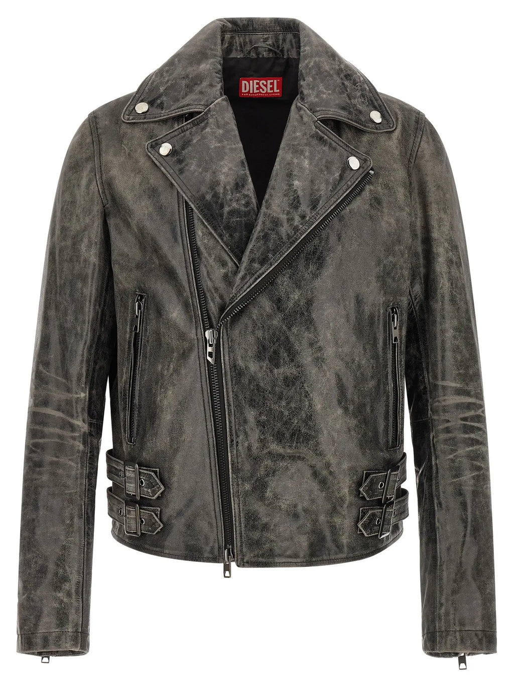 Veste en cuir diesel grise en peau de vache avec design biker classique, zips et boucles argentés, cuir vieilli