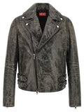 Veste en cuir diesel grise en peau de vache avec design biker classique, zips et boucles argentés, cuir vieilli