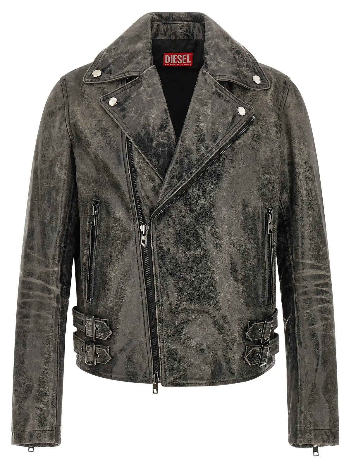 Veste en cuir diesel grise en peau de vache avec design biker classique, zips et boucles argentés, cuir vieilli