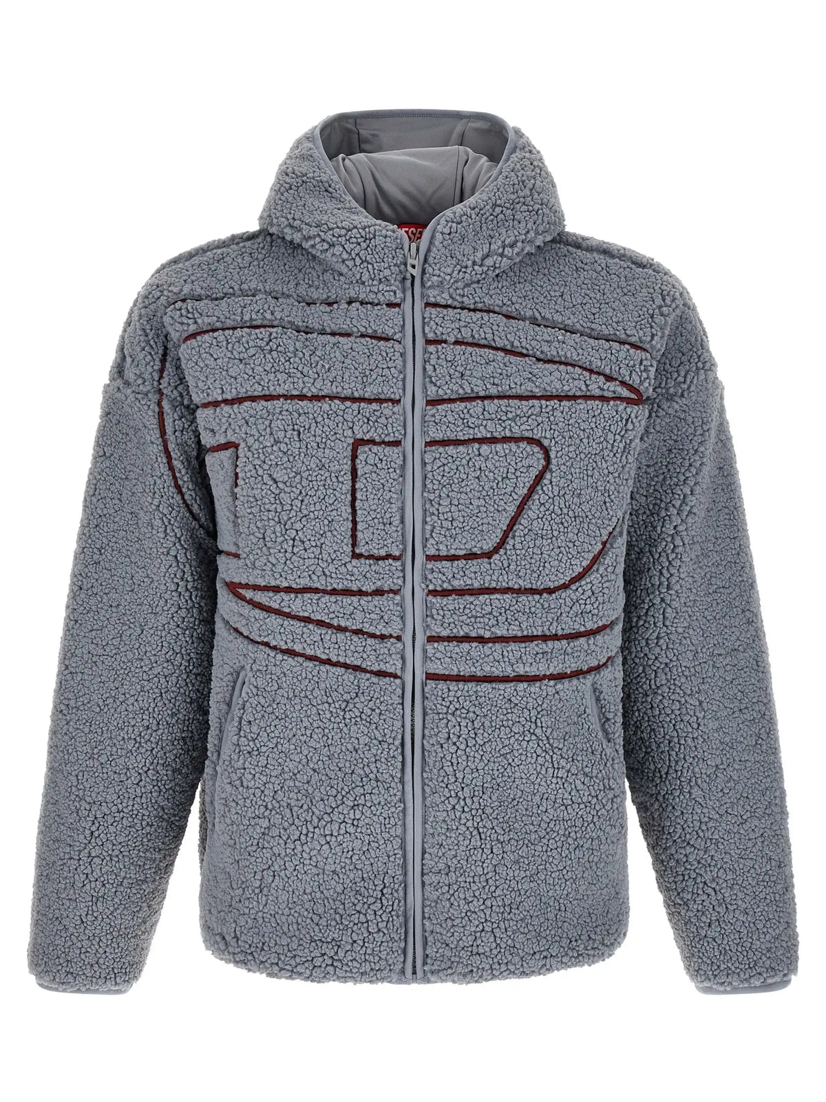 Diesel sweatshirt gris en polyester avec veste à capuche en shearling gris et motifs géométriques rouges brodés devant