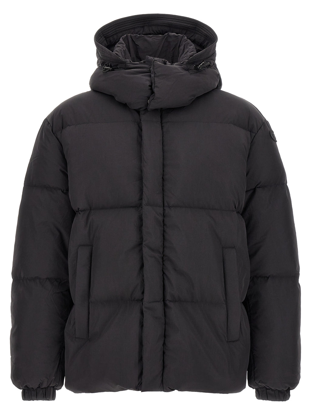 Veste longue Diesel en polyamide noir, coupe ajustée, avec fermeture éclair et col montant, style urbain et moderne.
