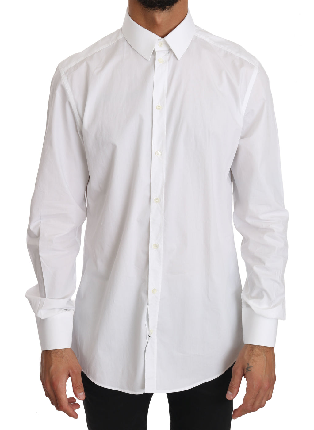 Chemise blanche en coton Dolce & Gabbana avec détails en or, vue de face, élégante et classique pour homme.
