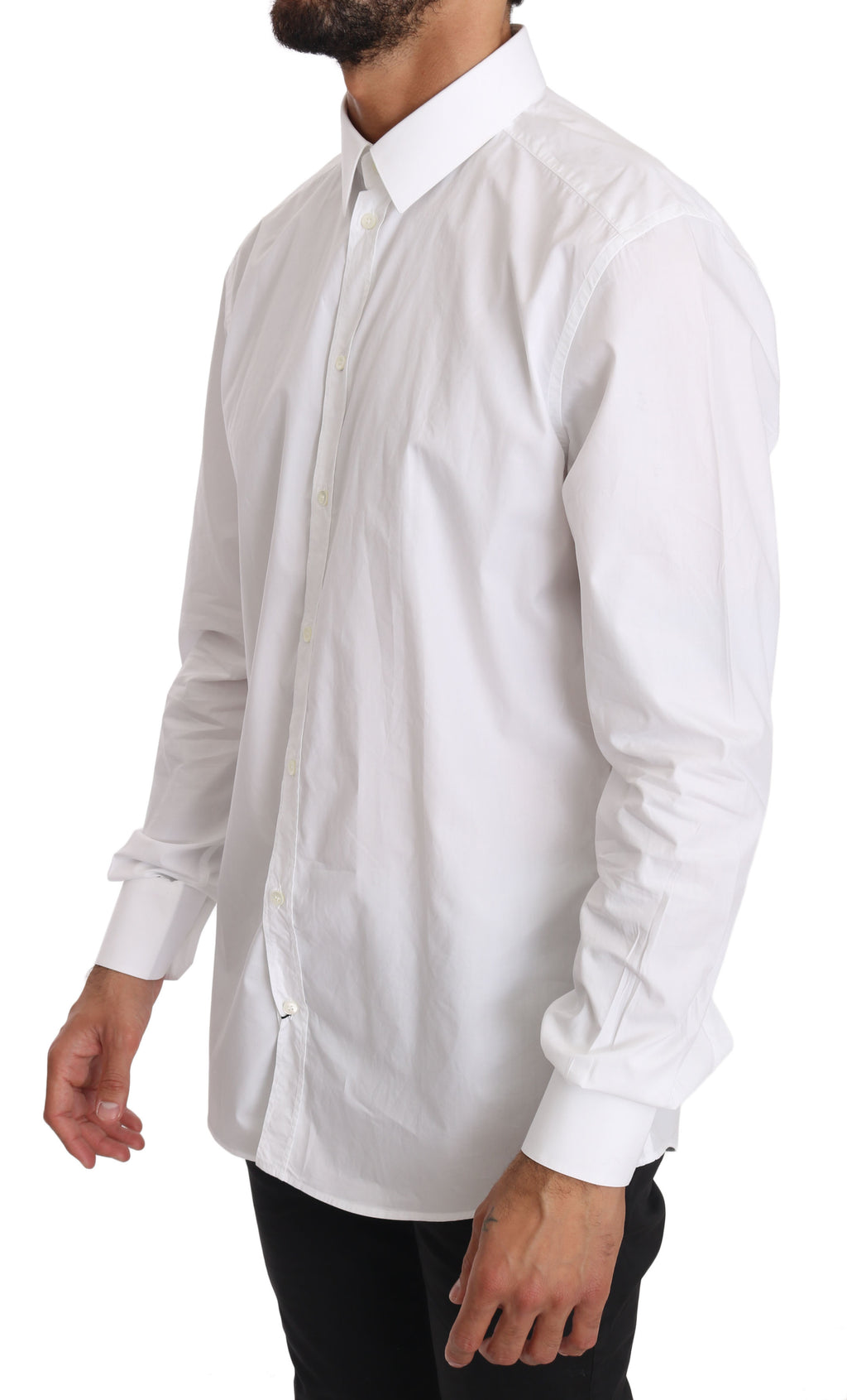 Chemise blanche en coton Dolce & Gabbana avec détails en or, vue de face, élégante et sophistiquée.