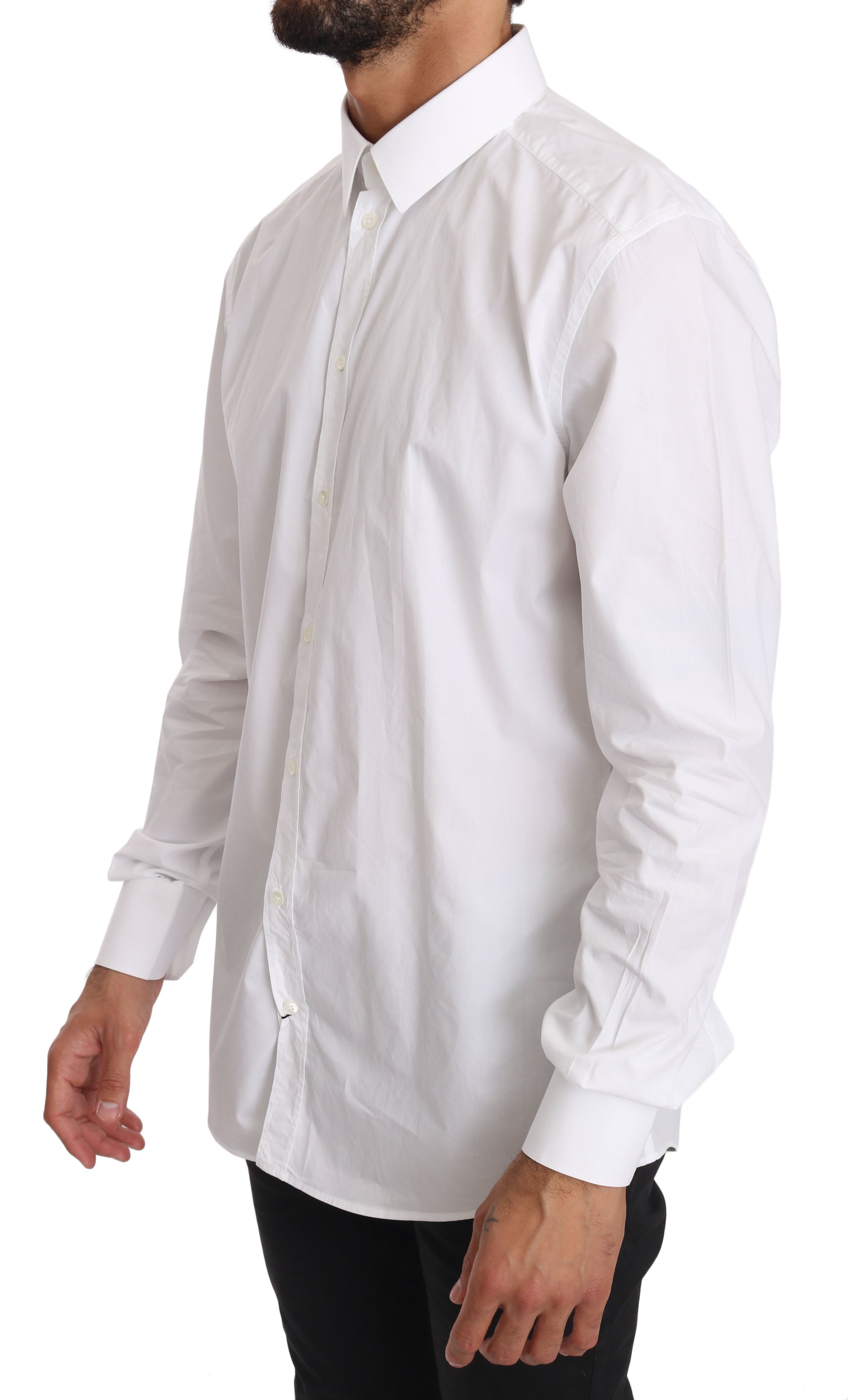 Chemise blanche en coton Dolce & Gabbana avec détails en or, vue de face, élégante et sophistiquée.