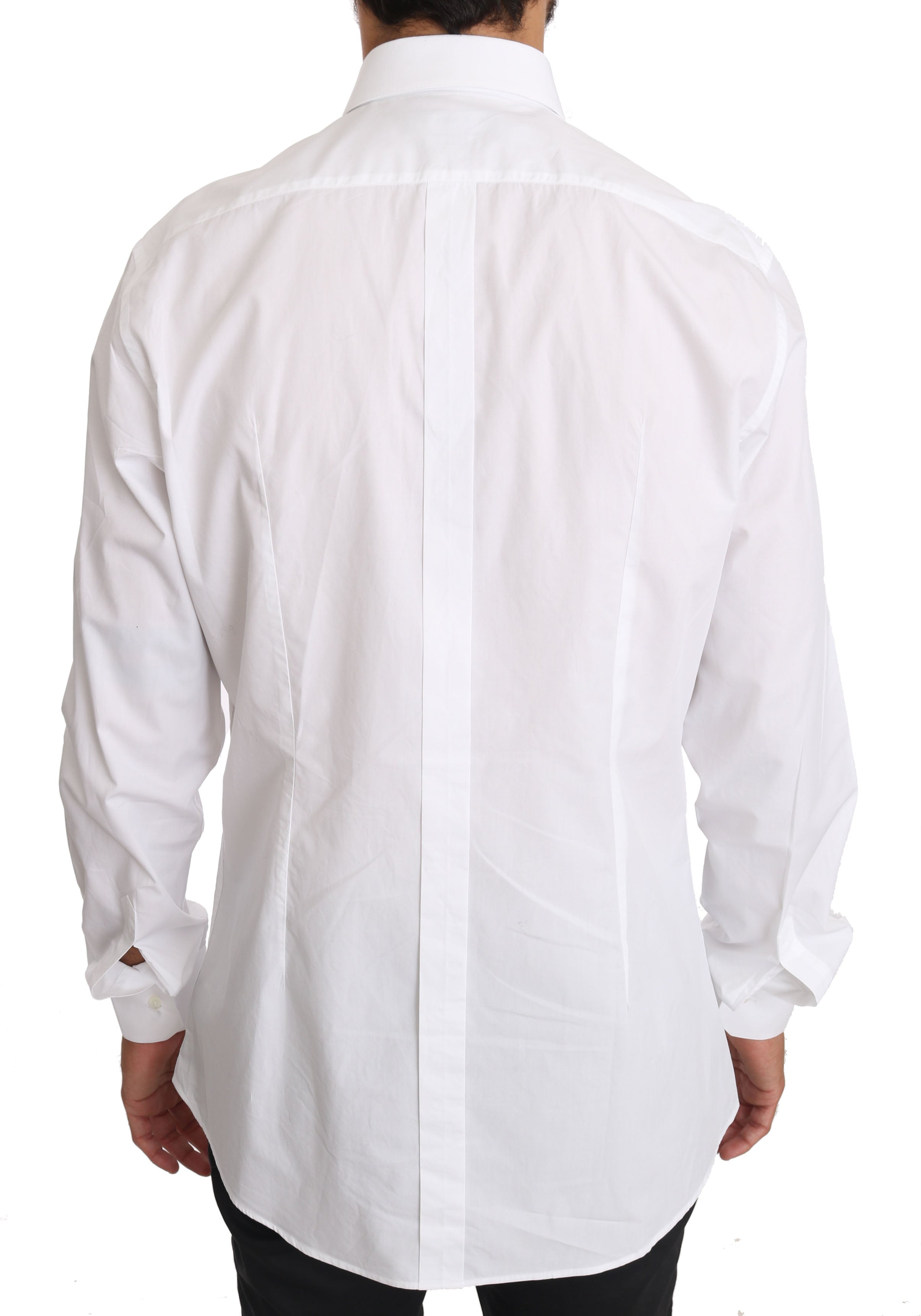 Chemise blanche en coton Dolce & Gabbana avec détails dorés, vue de face sur une chemise élégante.