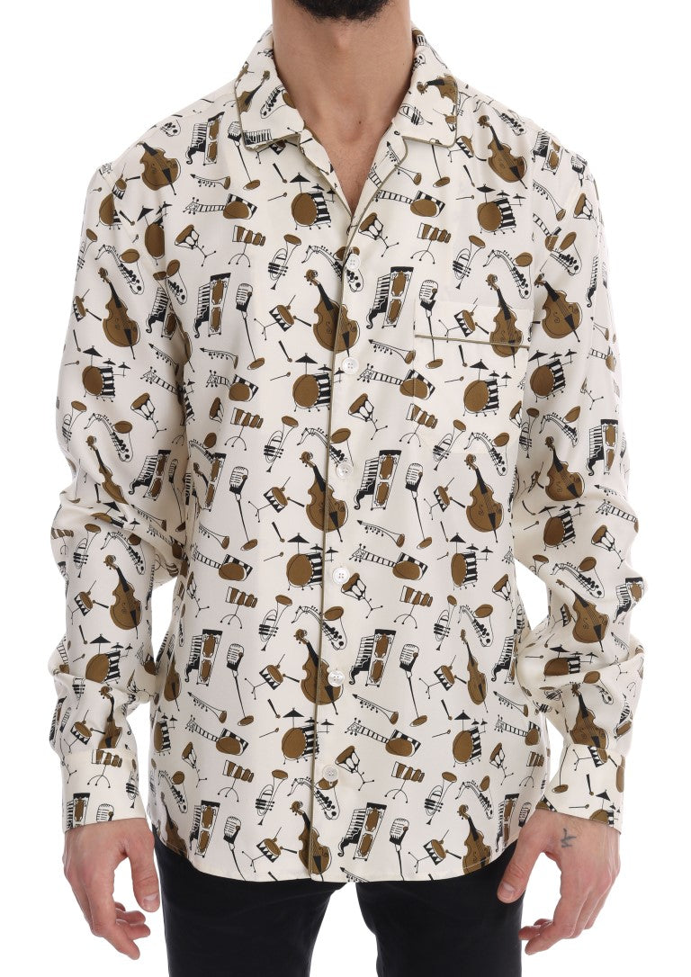 Chemise en soie blanche Dolce & Gabbana avec motif jazz, élégante et sophistiquée, visible en détail sur l'image.