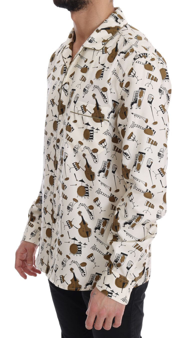 Chemise en soie blanche Dolce & Gabbana avec motif jazz, détails élégants et tissu luxueux, vue de face.