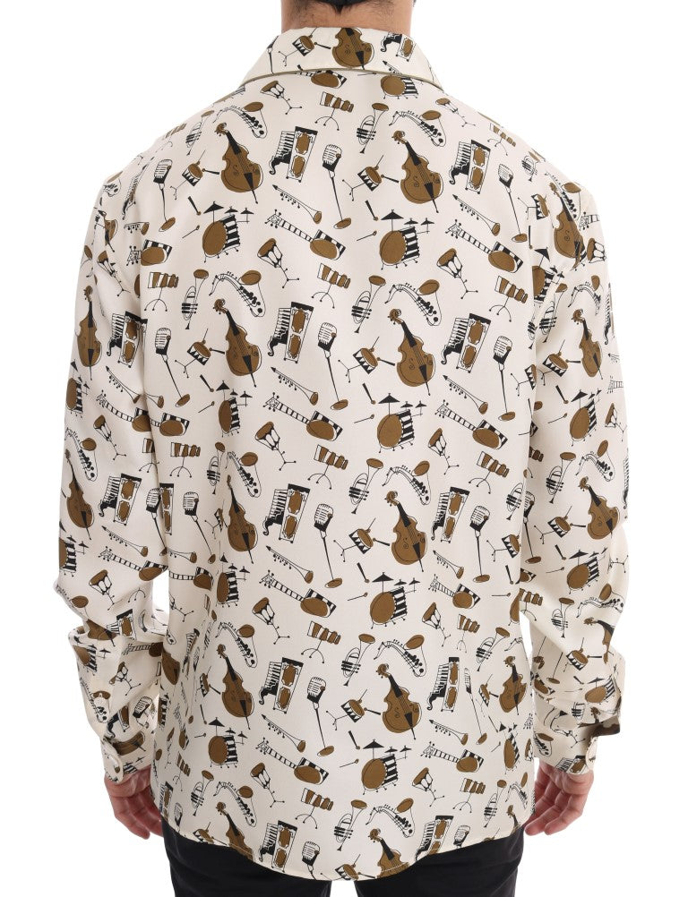 Chemise en soie blanche Dolce & Gabbana avec motif Jazz, visible détails du tissu et design élégant.