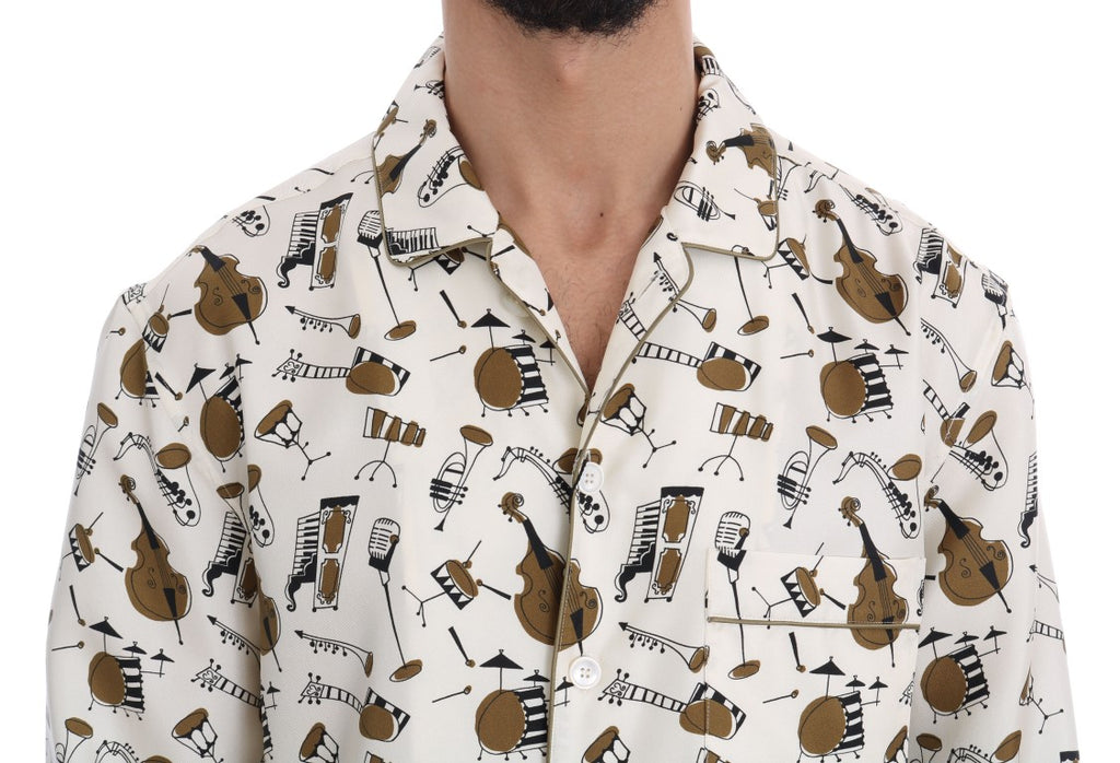 Chemise en soie blanche Dolce & Gabbana avec motif jazz, vue de face, détails du tissu et du design élégant visible.