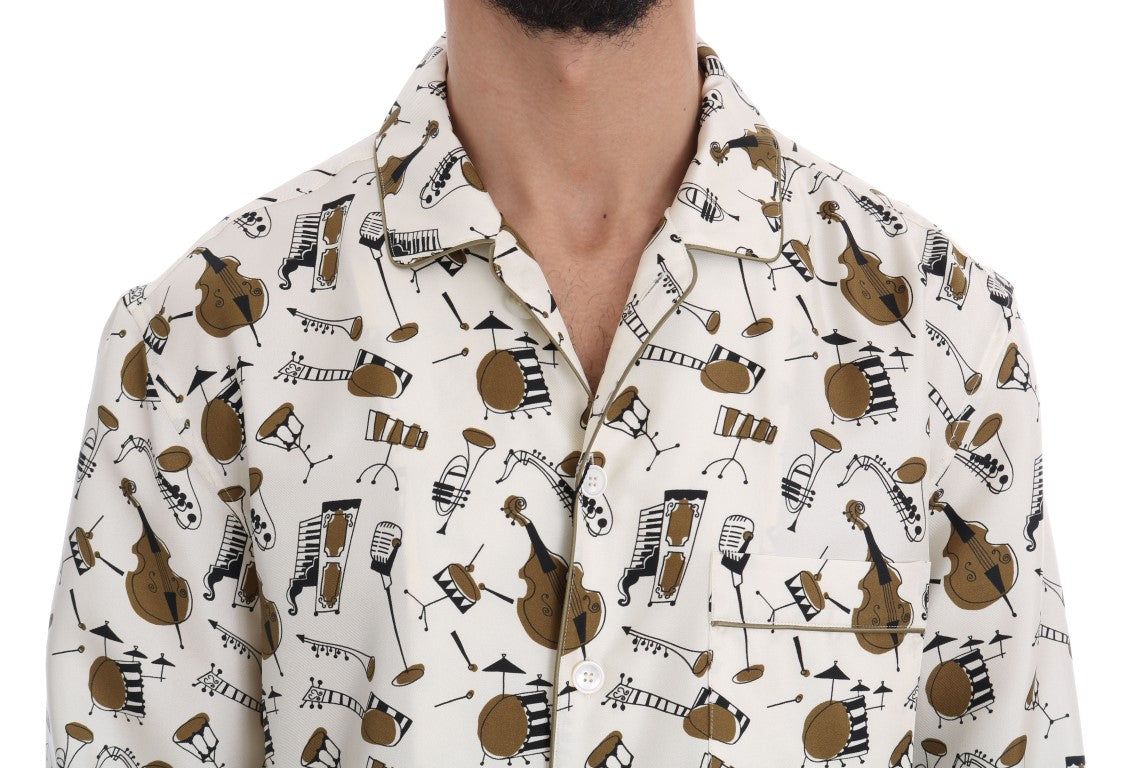 Chemise en soie blanche Dolce & Gabbana avec motif jazz, vue de face, détails du tissu et du design élégant visible.