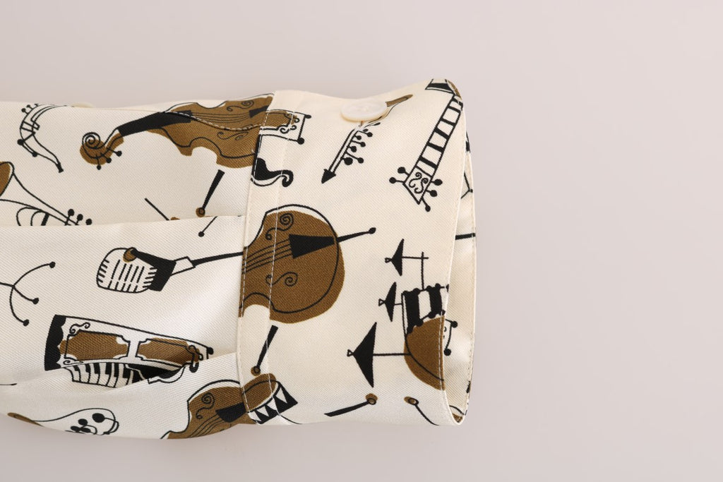 Chemise en soie blanche Dolce & Gabbana avec motif Jazz, détails élégants et coupe sophistiquée visible sur l'image.