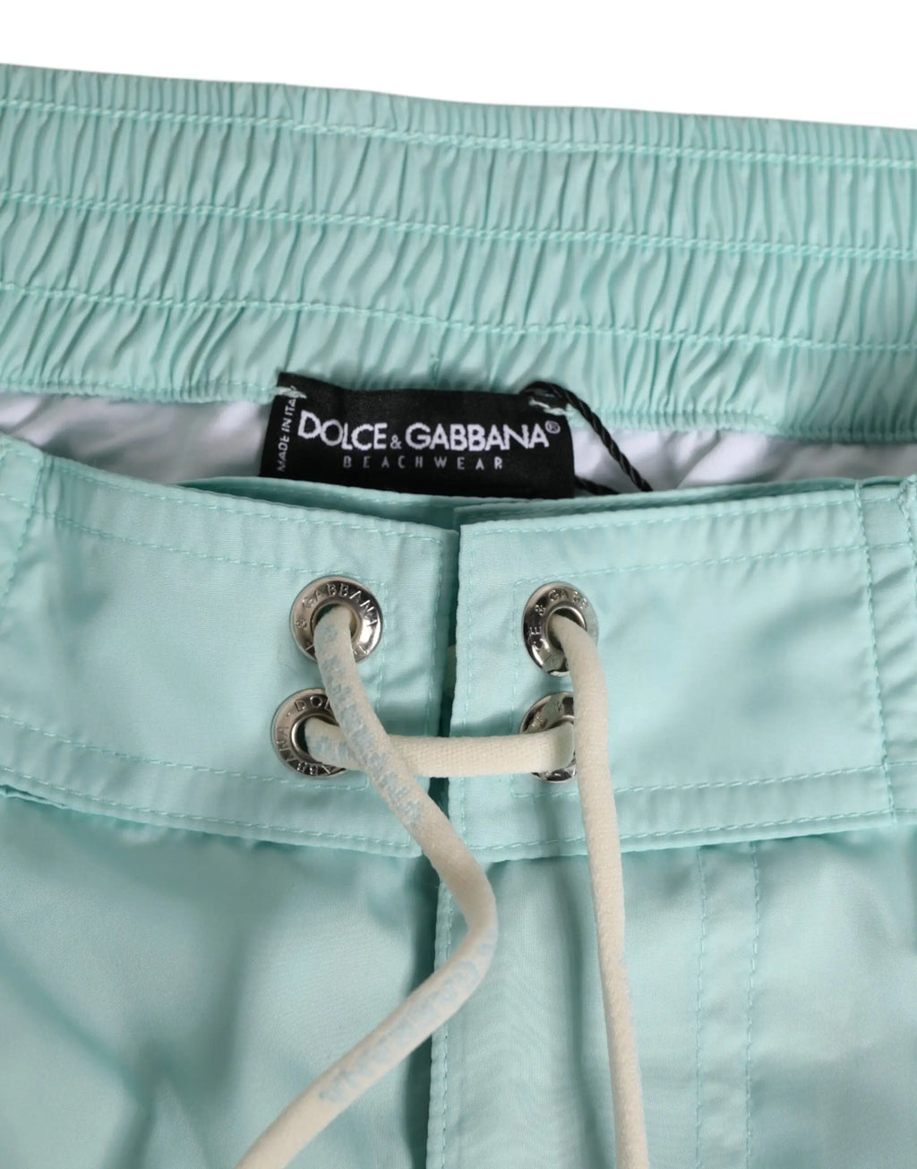 Shorts de bain dolce & gabbana en polyester bleu aqua avec cordon blanc et œillets métalliques argentés