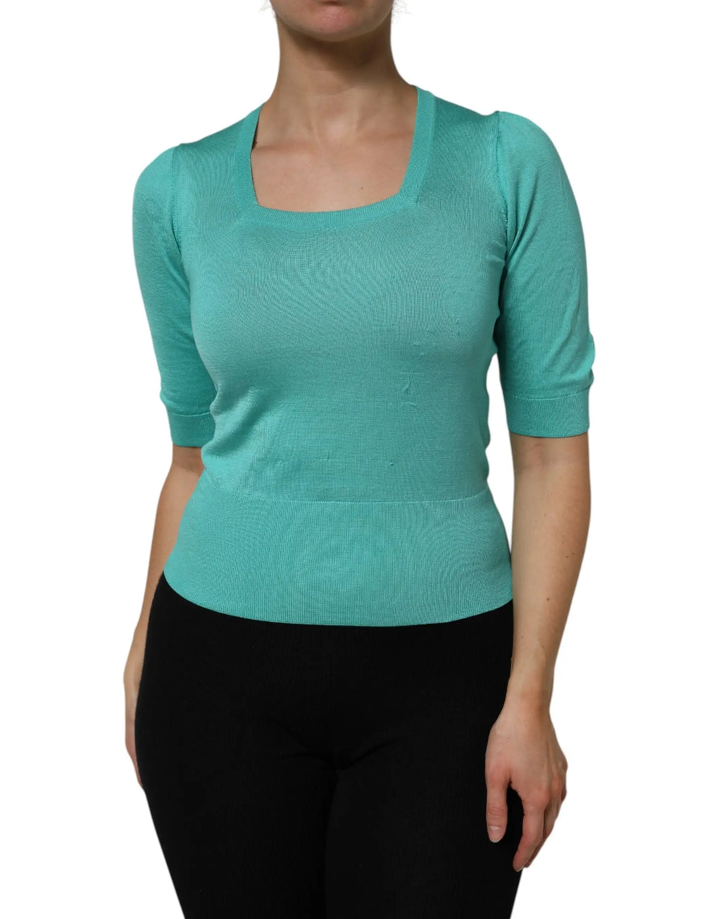 Dolce & gabbana top en soie aqua bleu sarcelle avec manches trois quarts col carré et bord côtelé